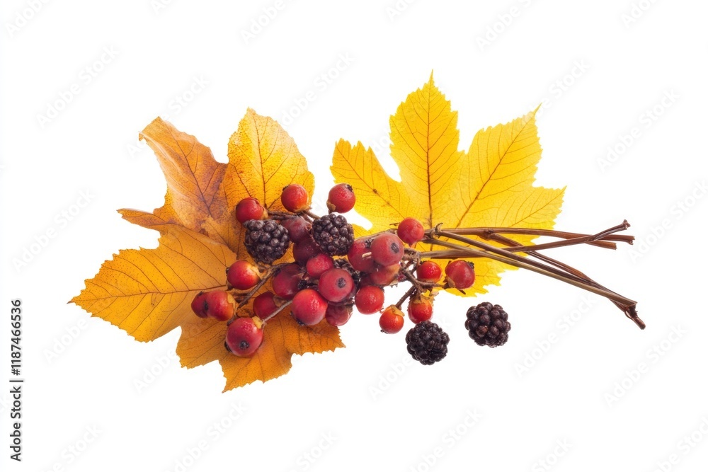 Poster a cluster of colorful berries grows on a branch with green leaves