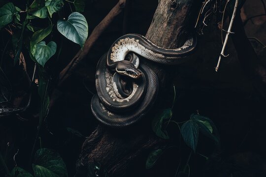 A serene image of an African python coiled around a tree branch