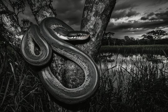 A serene image of an African python coiled around a tree branch