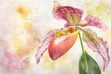 A beautiful watercolor painting of a lady slipper orchid, a delicate and rare flower
