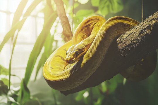 A serene image of an African python coiled around a tree branch