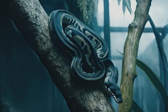 A serene image of an African python coiled around a tree branch