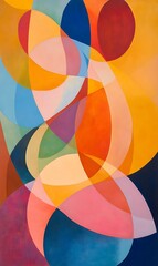 Fototapeta premium Bright diagonal lines in warm and cool hues, layered with soft geometric shapes and circular accents.