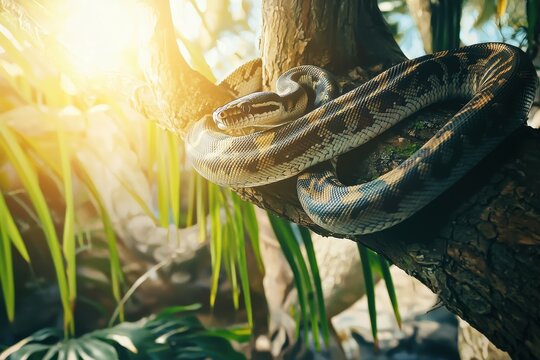 A serene image of an African python coiled around a tree branch