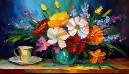 Vibrant Oil Painting Still Life Bouquet of Flowers Illuminated on a Tabletop Amidst Subdued Interior, Showcasing Rich Colors and Textures