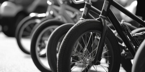 Obraz premium A row of bicycles parked side by side, ready for use