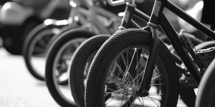 A row of bicycles parked side by side, ready for use