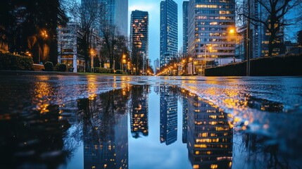 Cityscape reflection in a puddle after rain at night.