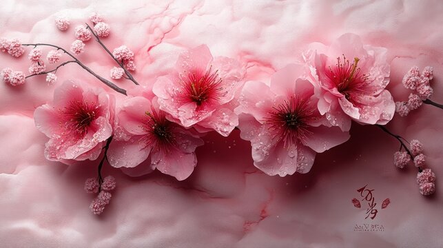 Pink blossoms on marbled background, subtle script.