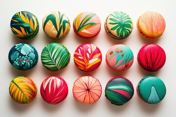 Tropical Floral Macarons Arranged in a Grid Pattern