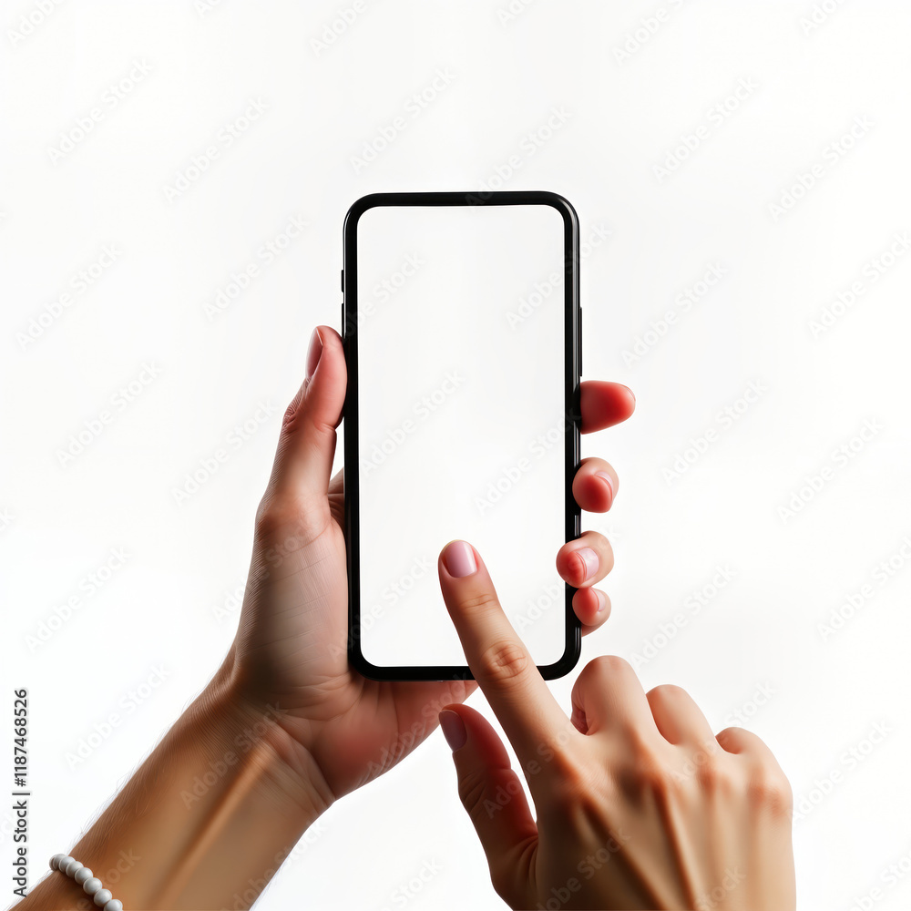 Poster Person holds smartphone with blank screen. Finger taps screen. Modern tech device. Hand touches screen. White background. User interacts. Mobile phone mockup. Template for design. Application