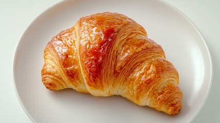 Golden Flaky Croissant on White Plate Capturing Freshness and Deliciousness of Baked Pastries