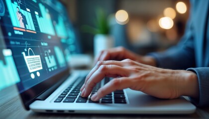 Person uses laptop for online shopping. Hands type on laptop keyboard. Screen shows digital data, shopping cart icon. Modern business person integrates omnichannel marketing strategies. Enhanced