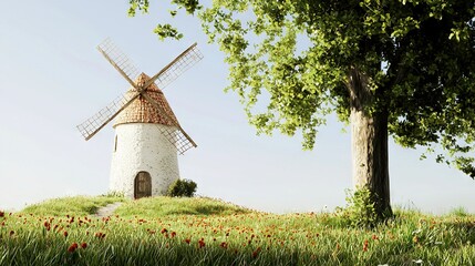  Windmill atop green hill, near red tulip field and tall tree