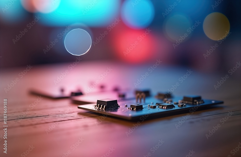 Aufkleber close-up view of operational amplifier chips on circuit board. dark background with vibrant pink, bl