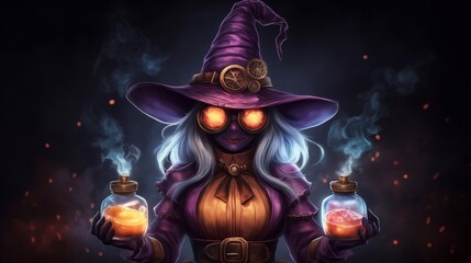 Steampunk Witch with Luminescent Goggles Holding Glowing Alchemy Vials in Smoky Industrial Ambiance. Digital Art of Techno-Magic and Gearpunk Aesthetics.