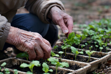 Fototapeta premium An elderly man plants a young seedlings in a plastic pots. Hands of a senior man in close-up. Spring work in the vegetable garden