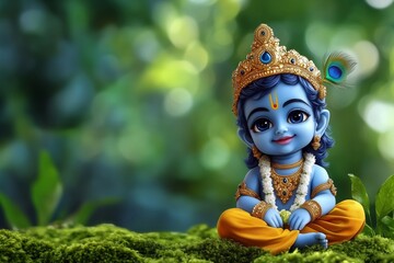 Meditating Baby Krishna with Serene Smile Amidst Lush Greenery. Hindu Mythology and Spiritual Serenity.