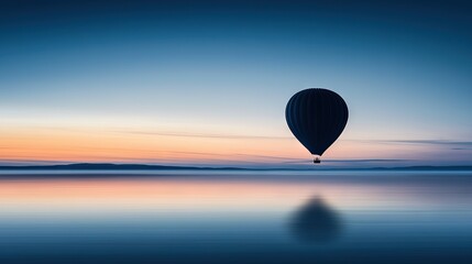   Hot air balloon over lake with mountains at sunset