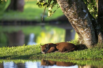 Obraz premium A serene scene of a jaguarundi resting in the shade of a tree in the Brazilian Pantanal.