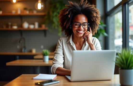 Happy african american woman in cafe using laptop for video call. Smiling woman wearing headphones, glasses. Online meeting with friends colleagues. Modern tech lifestyle at cozy cafe. Working