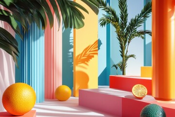 Colorful Abstract Scene with Tropical Fruits and Pillars
