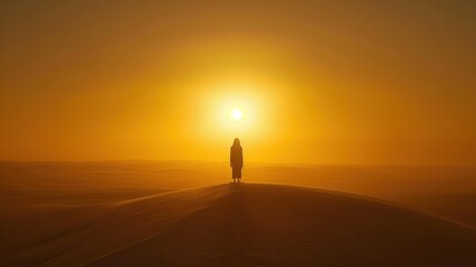 Silhouette of a person standing on a sand dune at sunset in the desert.
