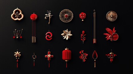 Elegant Chinese Calligraphy Icons Adorned with Traditional Elements