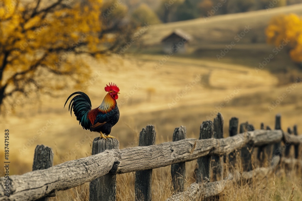 Aufkleber rooster perched confidently on a wooden fence in a serene countryside setting during autumn. generat