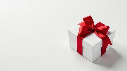 Obraz premium A pristine white gift box adorned with a vibrant red ribbon, ready for presentation