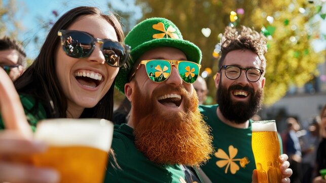 St. Patrick's day celebration city park group of friends festive atmosphere joyful moment