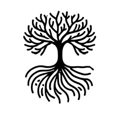 Tree of Life: A minimalist, stylized illustration of a tree with intricate roots, symbolizing growth, connection, and the cycle of life.  