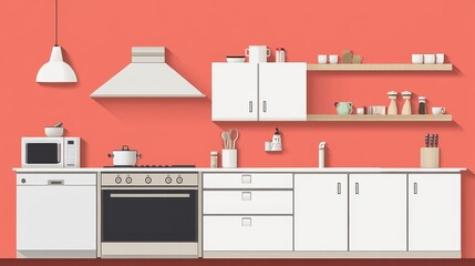 Stylish furniture with utensils and products near red wall in kitchen