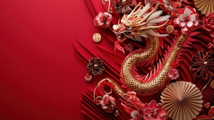 Obraz premium Detailed Golden Dragon on Red Wallpaper with Floral Elements