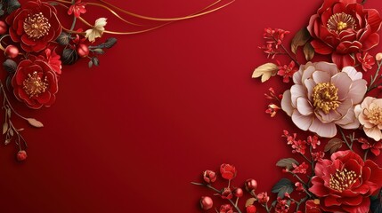 Elegant Red Wallpaper with Delicate Golden Peony Flowers
