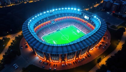 Aerial view of stadium at night. Bright lights illuminate arena, field. Holographic replays shown on field. Many spectators in stadium. Cars parked around stadium. Urban city landscape surrounds