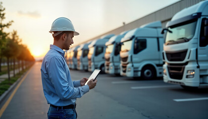 Logistics manager checks fleet vehicles location using GPS app. Manager stands on road in front of many parked trucks. Monitors trucks real-time locations for effective supply chain management. Image