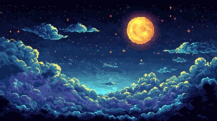 Obraz premium Cloudy night sky pixel art. Trendy background with stars for video game, cartoon landscape panorama with full moon. Vector illustration