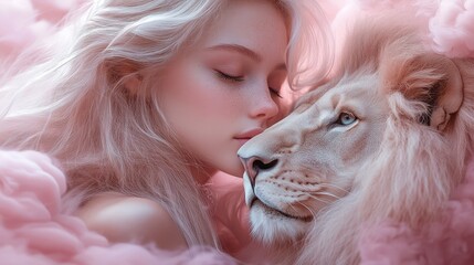 Dreamy Connection Between Woman and Lion in Pink Hues
