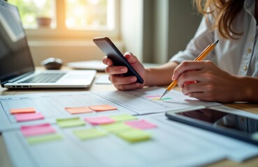 Businesswoman plans event schedule. Woman uses mobile phone, notes on calendar. Organized work environment with papers, sticky notes. Event planner uses tech tools for efficient schedule. Modern
