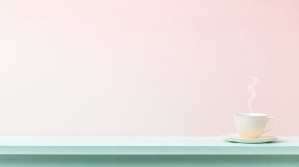   A cup of coffee sits on a table, its steam rising against a pink wall, while another cup is poised in the foreground