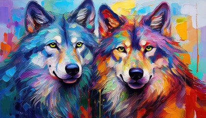 Naklejka premium Vibrant and Conceptual Abstract Portrait of a Wolf Duo in Multicolored Tones, Evoking Emotions with its Captivating Textures and Colorful Palette.
