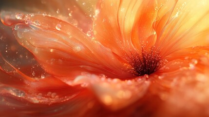 Close-up of a vibrant orange flower with dew drops, showcasing intricate details and soft lighting.