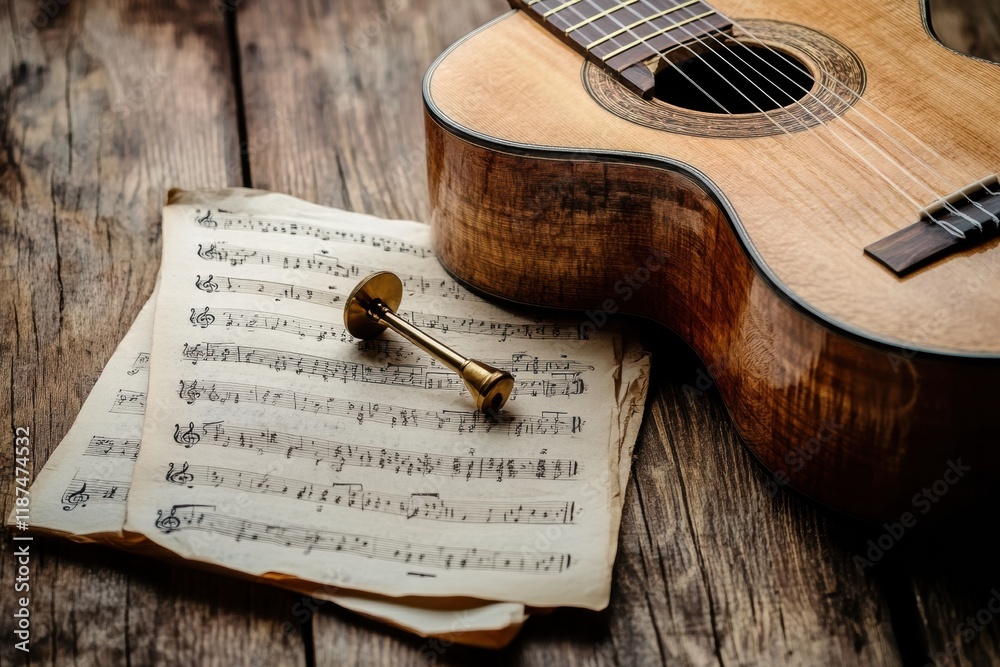 Poster acoustic guitar rests among scattered sheet music and a tuning fork on a rustic wooden surface. gene