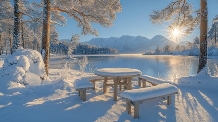 Snowy lakeside picnic table at sunrise with mountain view.