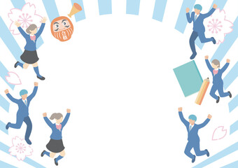 アイソメトリック　フレーム　学生　受験　人物　男性　女性　コピースペース　背景　イラスト素材