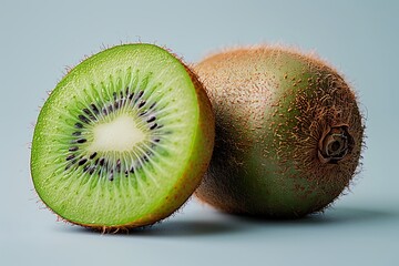 Close-up of a whole and halved fresh kiwi fruit on a light blue background.