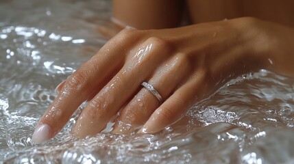 Fototapeta premium Close-up of a woman's hand with a ring in water.