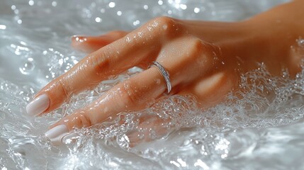Fototapeta premium Close-up of a woman's hand with a ring in soapy water. (1)