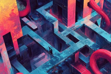 Abstract Digital Maze Of Interconnected Geometric Structures